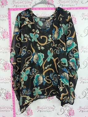 NWD blouse coverup Black Floral V-Neck Blouse with Teal and Gold Accents
